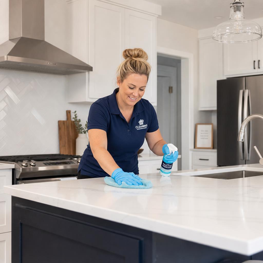 Professional cleaner wiping down a kitchen counter