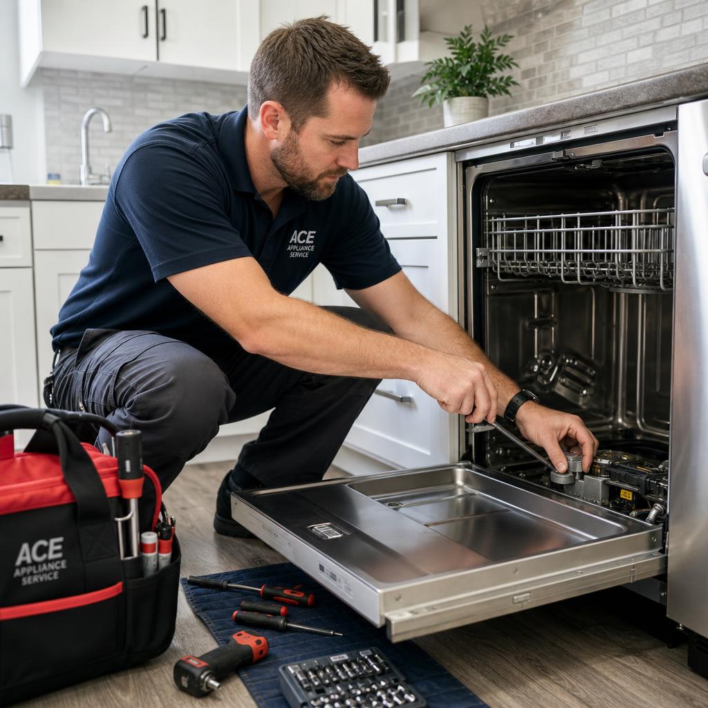 Appliance technician repairing a dishwasher