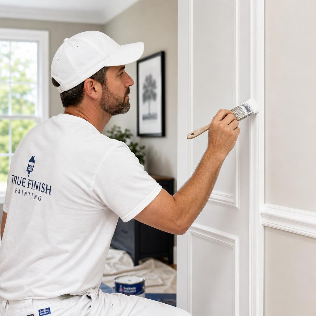 Painter doing touch-up work on interior trim
