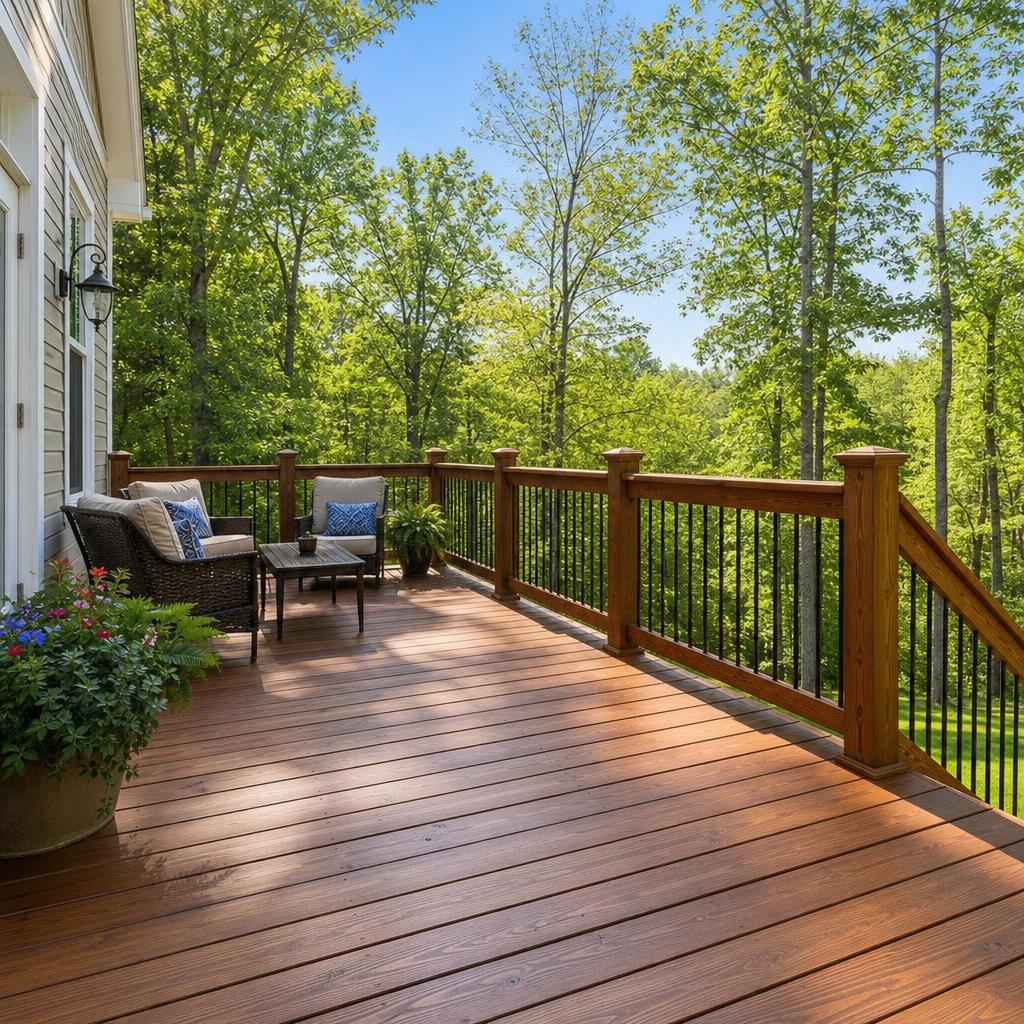 Freshly built wooden deck with railing